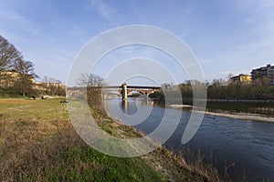 Panorama of covered bridge over the Ticino river in Pavia