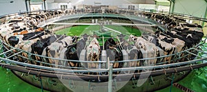 Panorama of Cows on milking machine in dairy farm