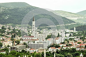 Panorama of the Croatian district of Mostar, Bosnia and Herzegovina, with a focus on the Franjevacka Crkva Church