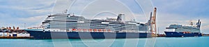 Panorama with cruise liners in Cadiz port, Spain