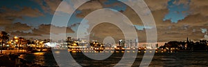 Panorama of Cruise ship and Cruise port Miami. Skyscrapers in Miami. Downtown Miami, Florida, USA.