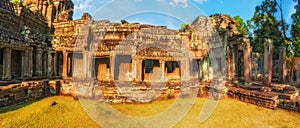 Panorama of the crumbling Preah Khan temple ruins, Angkor Wat, Cambodia