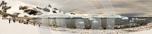 Panorama of Cuverville Island with gentoo penguins in Antarctica.