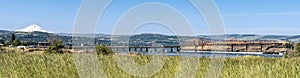 Panorama of the Dalles Bridge across the Columbia River with Mount Hood in the background at The Dalles, Oregon, USA