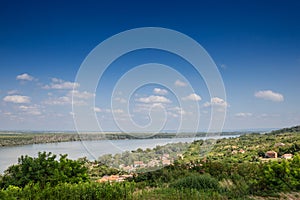 Panorama of the Danube river from above in Serbia, in Ritopel, seen from forests and green fields. Ritopek is a village, part of