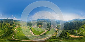 360 panorama by 180 degrees angle seamless panorama view of paddy rice terraces, green agricultural fields in rural area of Mu