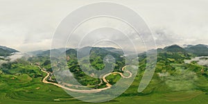 360 panorama by 180 degrees angle seamless panorama view of paddy rice terraces, green agricultural fields in rural area of Mu