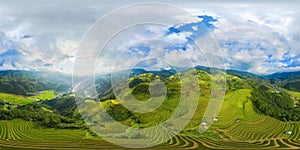 360 panorama by 180 degrees angle seamless panorama view of paddy rice terraces, green agricultural fields in rural area of Mu