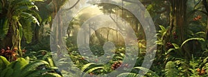 Panorama of dense jungle, wild forest with palm trees and tropical plants, generative AI