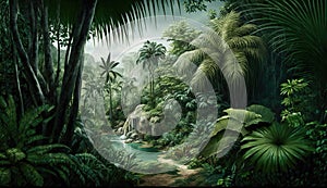 Panorama of dense jungle, wild forest with palm trees and tropical plants, generative AI