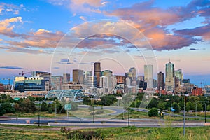 Panorama of Denver skyline at twilight.