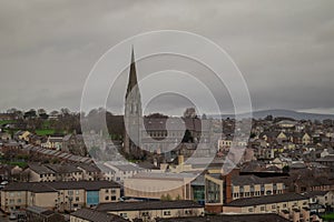 Panorama of Derry or Londonderry on a cloudy day viewed from the