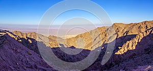 Panorama of desert mountain landscape, and the Arabah, near Petra