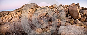 Panorama of desert view and boulders in Yucca Valley California near Joshua Tree