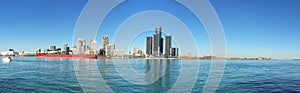 Panorama of the Detroit, Michigan Skyline with freighter in foreground