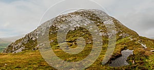 Panorama of Diamond hill in Connemara National Park, county Galway, Ireland, Cloudy day and sky