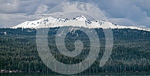 A panorama of Diamond Peak over Odell Lake near Crescent Lake, Oregon, USA