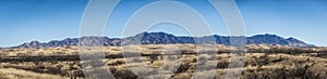 Panorama of a distant mountain range with hills covered in grass in the