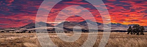 Panorama of a distant mountain range with hills covered in grass in the forground with a dramatic sunset