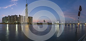 Panorama of district 2 Ho Chi Minh city at Evening with colorful sky, super highres stock photo 12k