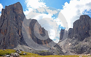 Panorama of the Dolomites in Alps of the mountain range called Pale di San Martino or Pala Group in Italy