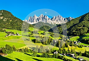 Panorama of the Dolomites with a chruch at Santa Maddalena in Italy