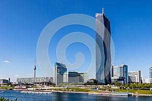 Panorama of Donau City with Skyscrapers, DC Tower and Promenade in Danube City, Vienna, Austria, Europe