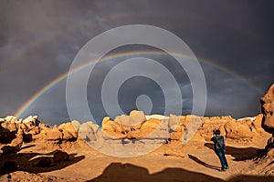 A Panorama of a Double Rainbow over Goblin Valley Utah