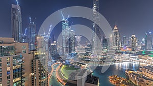 Panorama of downtown Dubai city aerial night timelapse