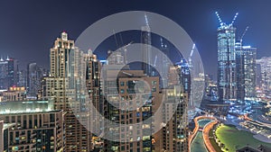 Panorama of downtown Dubai city aerial night timelapse