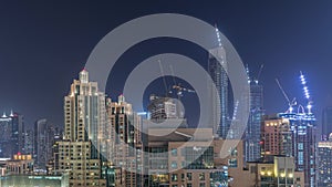 Panorama of downtown Dubai city aerial night timelapse