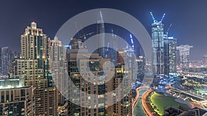 Panorama of downtown Dubai city aerial night timelapse