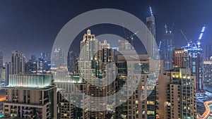 Panorama of downtown Dubai city aerial night timelapse