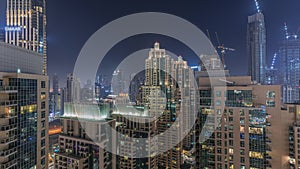 Panorama of downtown Dubai city aerial night timelapse