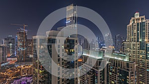 Panorama of downtown Dubai city aerial night timelapse