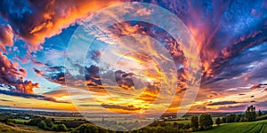 Panorama of dramatic evening sky during sunset