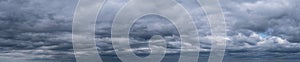 Panorama of dramatic sky with clouds before a thunderstorm. Dark abstract background