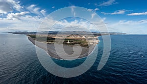 panorama drone landscape view of Punta Alice beach and lighthouse in Calabria