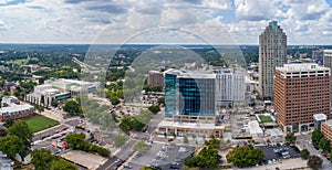 Panorama Drone still of High Rises in the City of Raleigh, NC