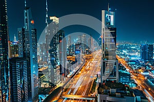 Panorama of Dubai downtown at night from above, United Arab Emirates