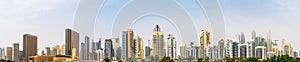 Panorama of Dubai Marina district skyline with many new high rise buildings, United Arab Emirates