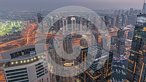 Panorama of Dubai Marina with JLT skyscrapers day to night timelapse, Dubai, United Arab Emirates.