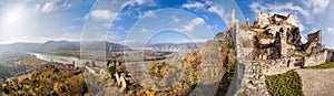 Panorama of Duernstein village with castle during autumn in Austria