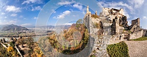Panorama of Duernstein village with castle during autumn in Austria