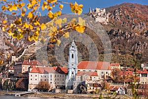 Panorama of Duernstein village with castle during autumn in Austria