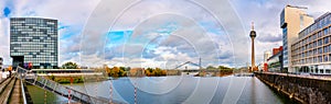 Panorama of the Duesseldorf Media Harbour with tower and Oberkasseler Bruecke , Germany