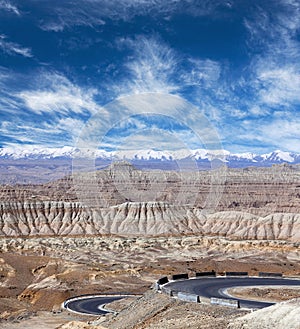 Panorama of Earth Forest National Geopark and Himalayas at sunset in Western Tibet, China