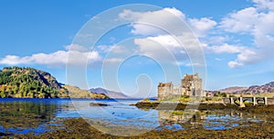 Panorama of Eilean Donan Castle in Highlands of Scotland