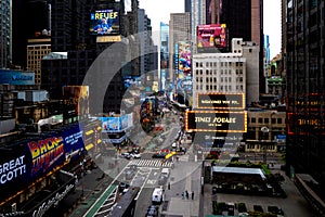 Panorama of electronic billboard welcoming people to Times Square New York City