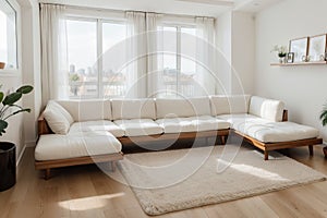 Panorama of elegant and comfortable designed living room with big corner sofa, wooden floor and big windows